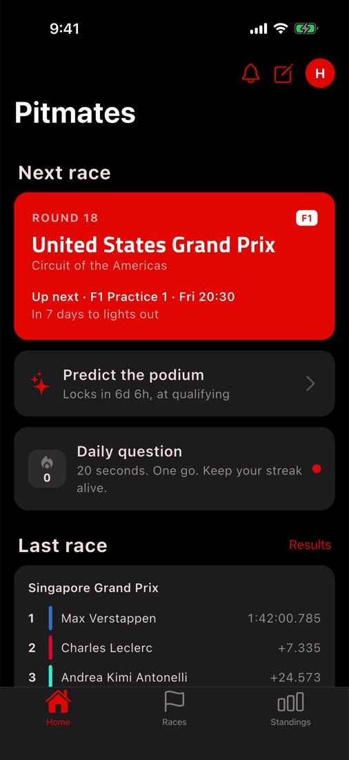 Pitmates home screen with the next race